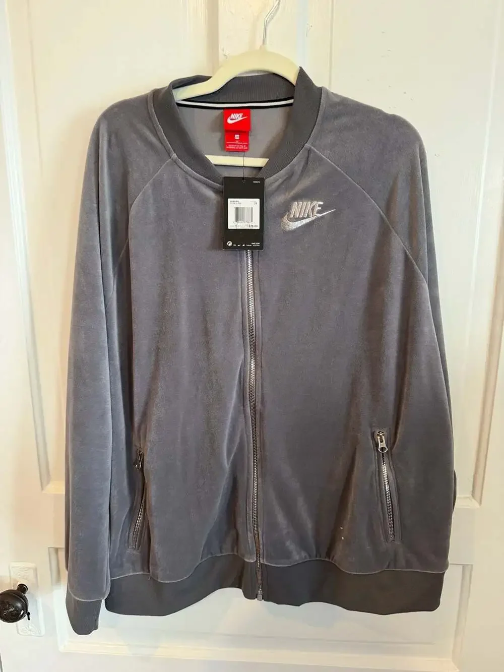 Nike Velour Full Zip Jacket Size 2X Gray Embroidered Logo Track Top NWT